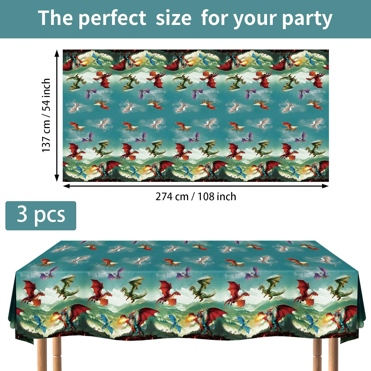 Flat lay of three dragon birthday tablecloths with fantasy dragon illustrations
