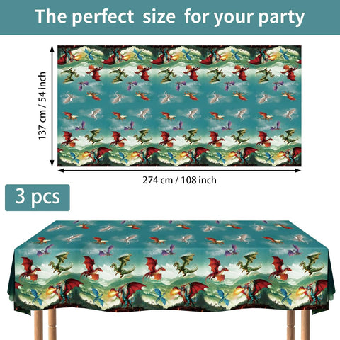 Flat lay of three dragon birthday tablecloths with fantasy dragon illustrations