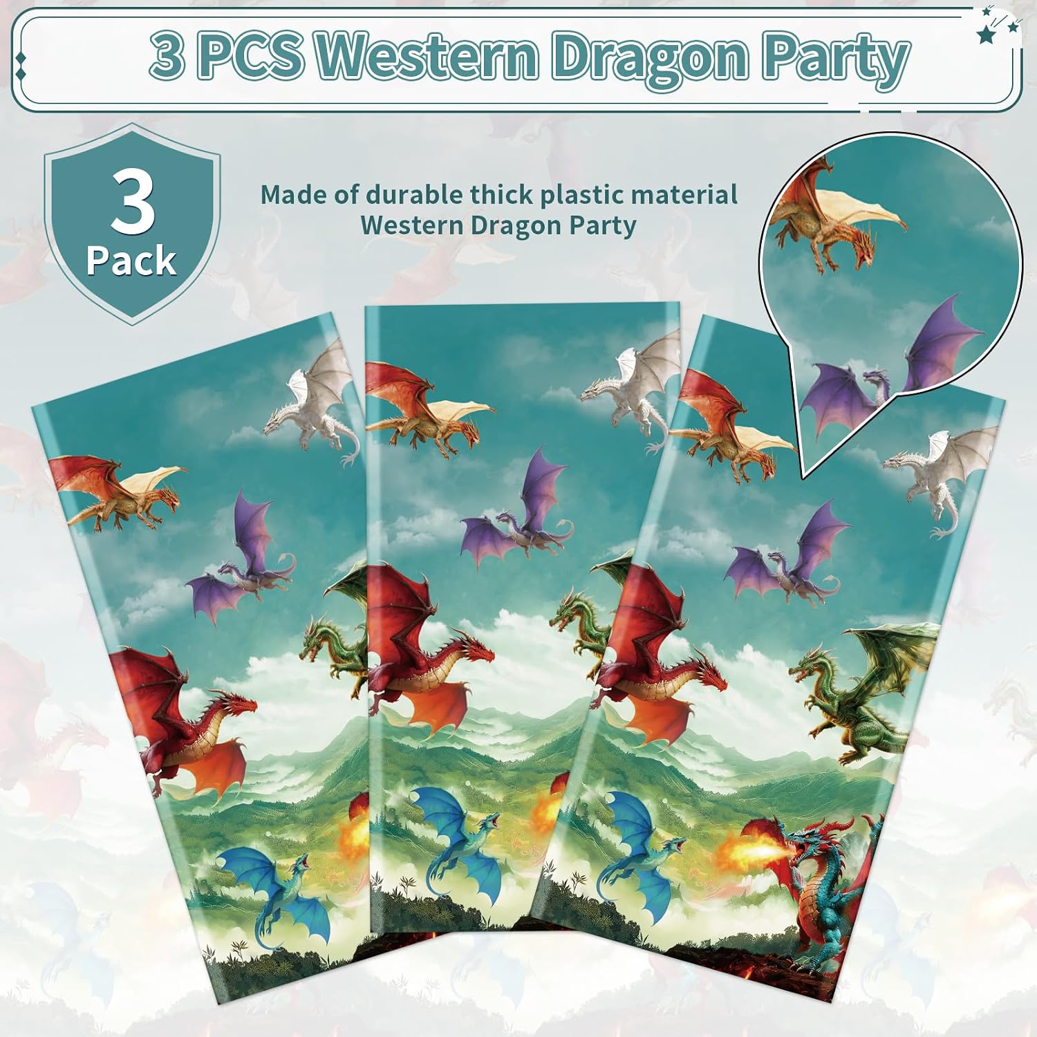 Dragon birthday tablecloth draped on party table with fantasy themed decorations