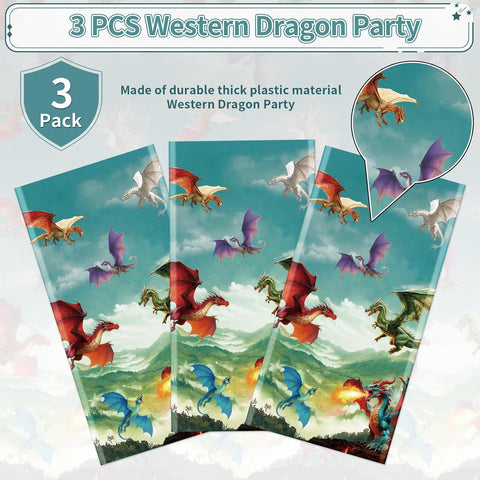 Dragon birthday tablecloth draped on party table with fantasy themed decorations