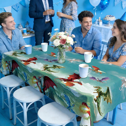 Boys fantasy dragon birthday party scene with themed tablecloth