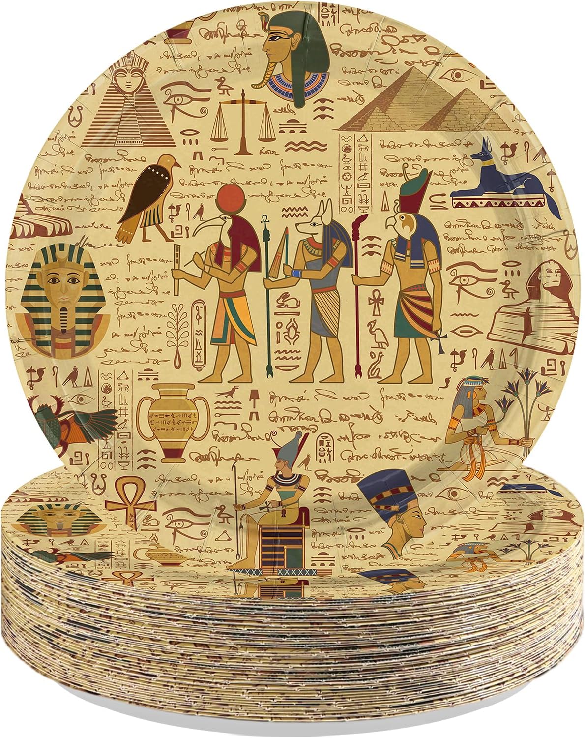 Ancient Egyptian paper plate with pharaoh mask pyramids and hieroglyphics