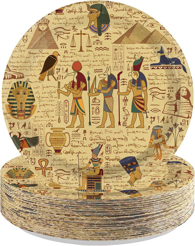 Ancient Egyptian paper plate with pharaoh mask pyramids and hieroglyphics