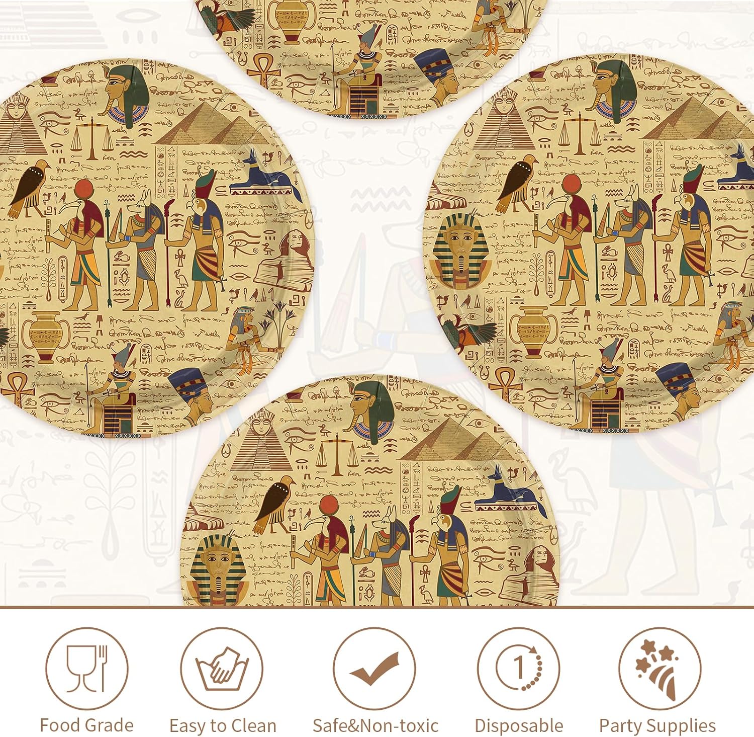Stack of 50 nine inch Egyptian theme disposable paper plates