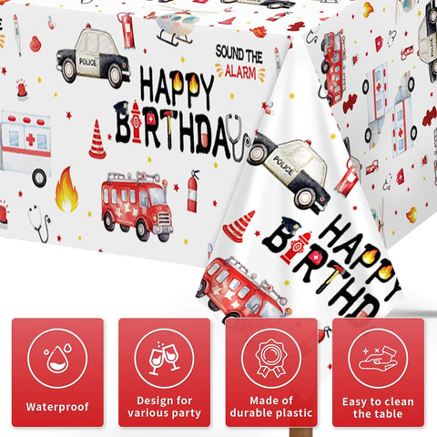 Close-up of emergency vehicle plastic tablecloth with fire truck and ambulance illustrations