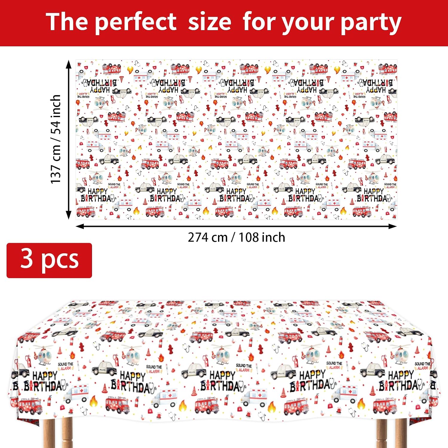 Flat lay of three emergency vehicle birthday tablecloths with rescue vehicle graphics