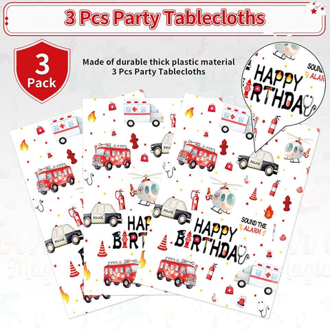 Emergency vehicle tablecloth draped on party table with rescue themed decorations