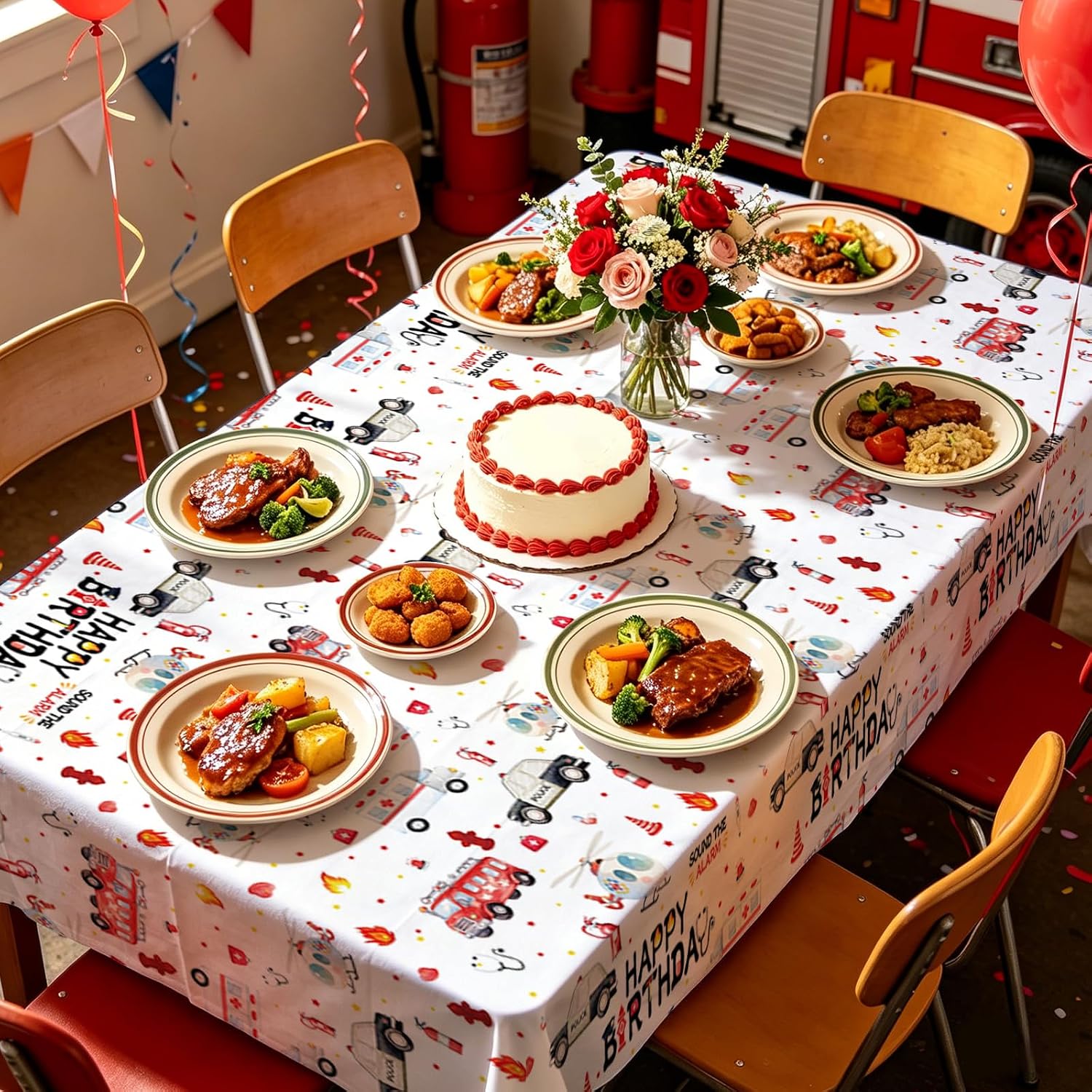 Boys rescue vehicle birthday party scene with fire truck themed tablecloth