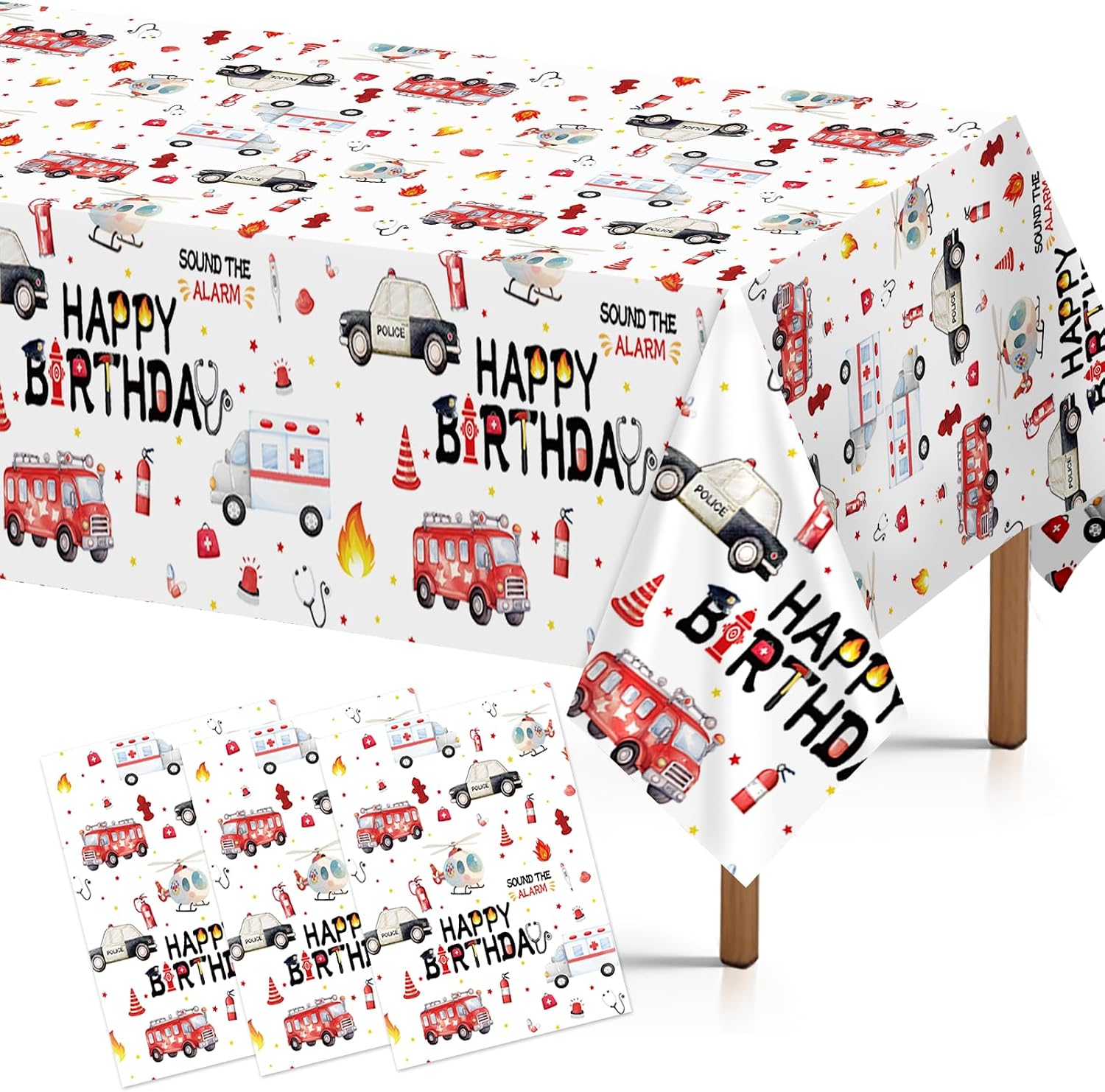 Grencian 3-piece emergency vehicle birthday tablecloth set with fire truck and police car design