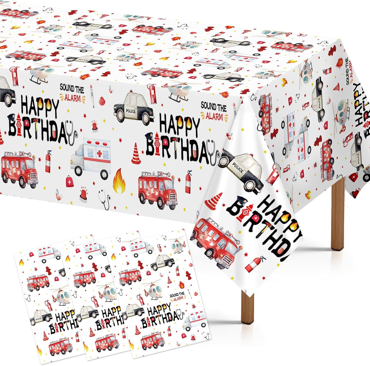 Grencian 3-piece emergency vehicle birthday tablecloth set with fire truck and police car design