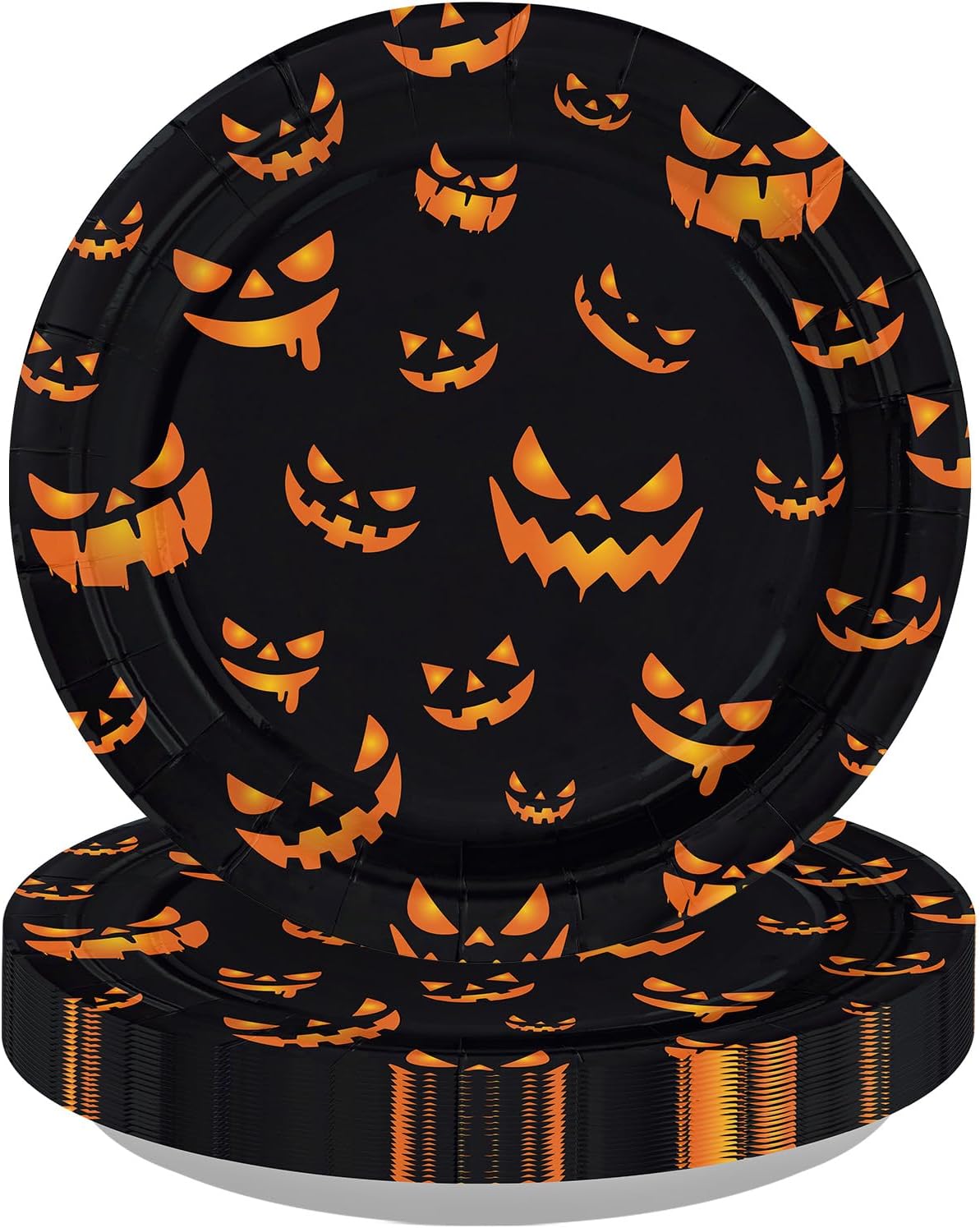 Black Halloween paper plate covered with glowing orange jack o lantern faces