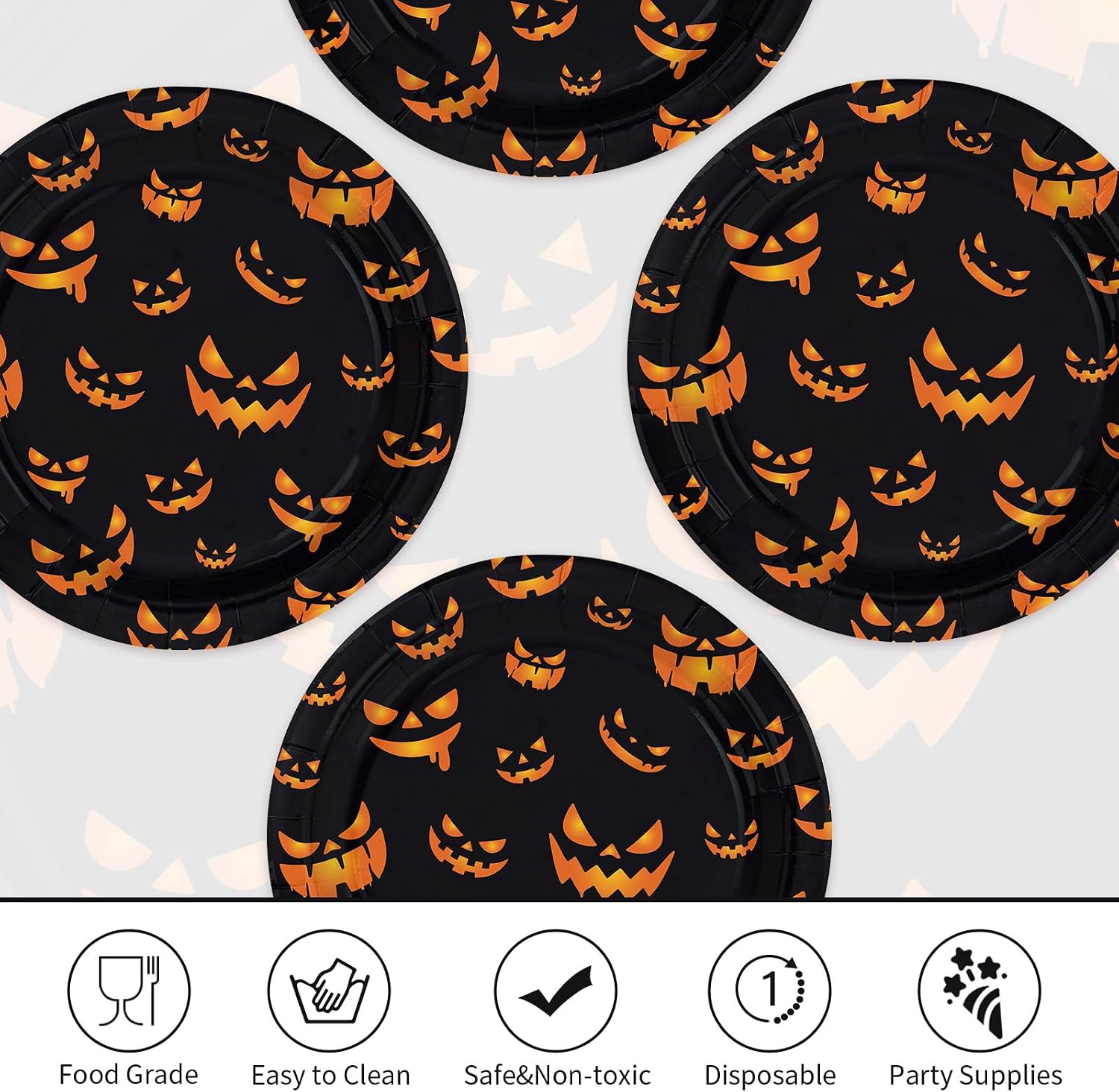 Stack of 50 nine inch evil pumpkin Halloween disposable plates