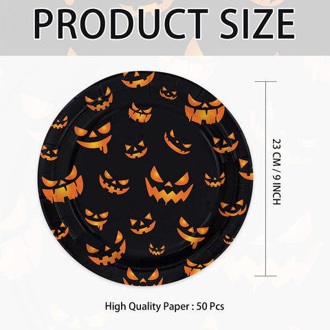 Orange and black pumpkin plates styled on a fall party table