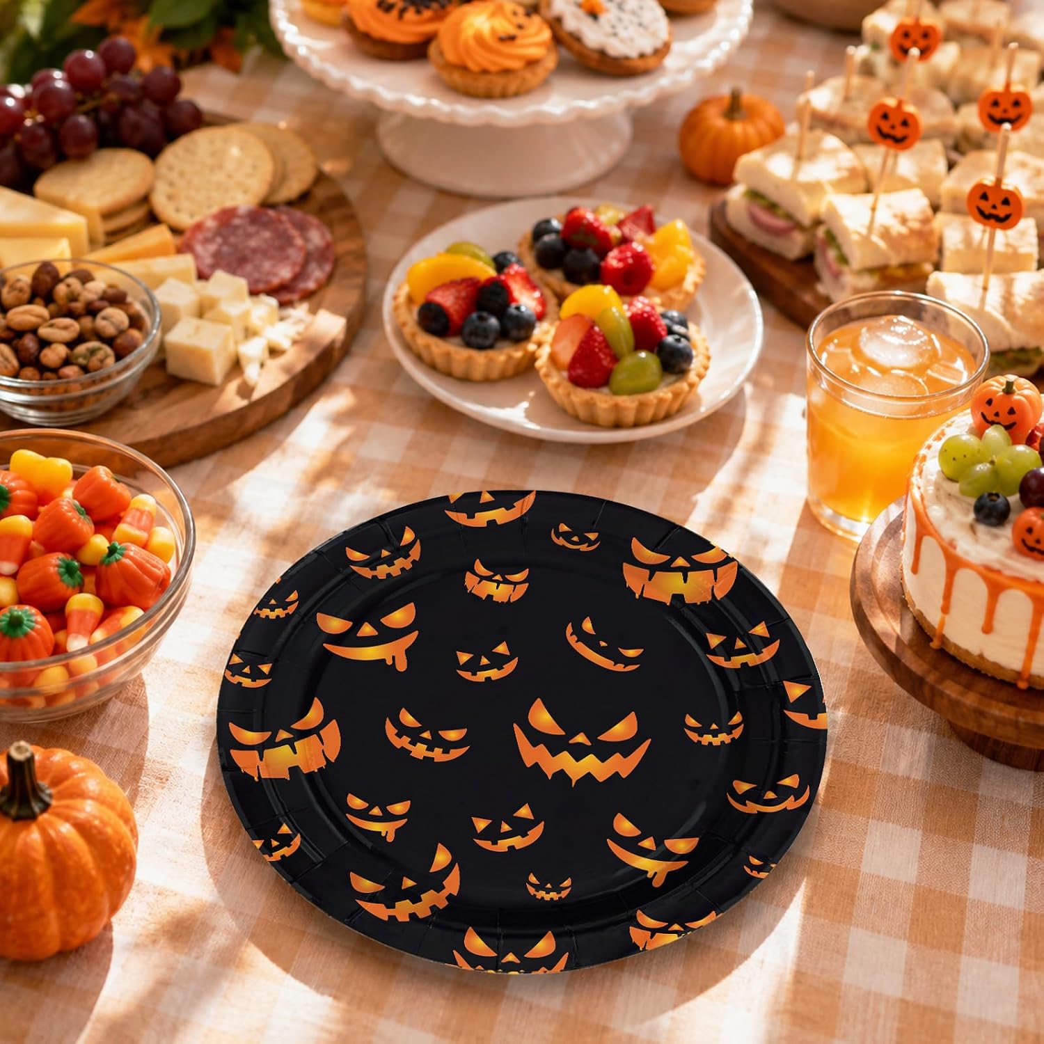Halloween pumpkin face plates ready for a trick or treat buffet