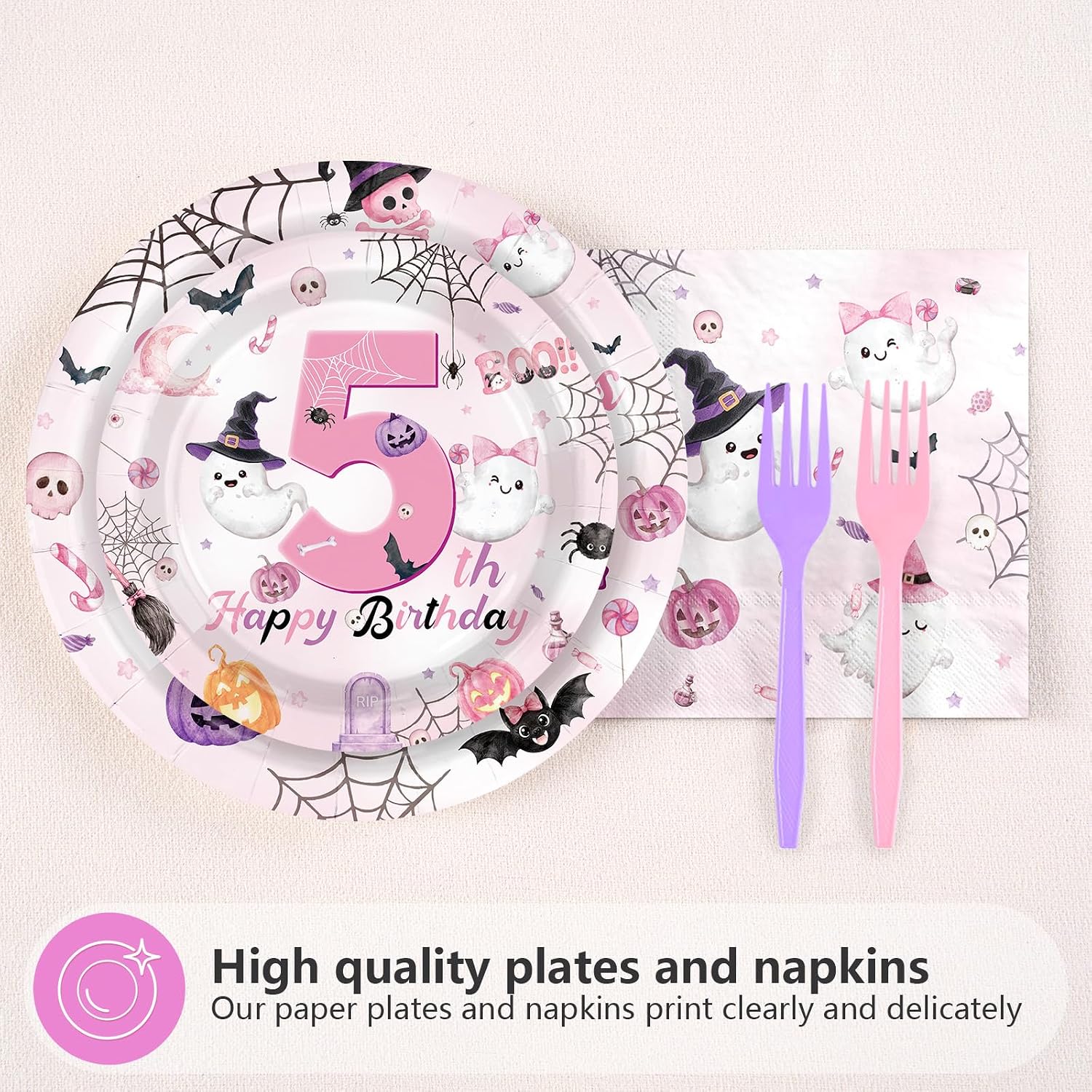 Pastel pink ghost and bat dinner plate for a 5th birthday