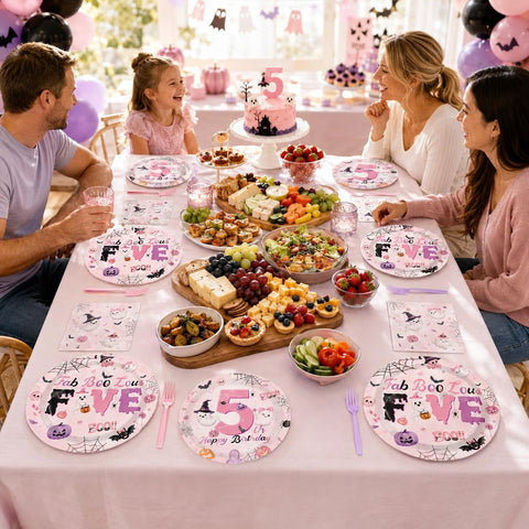 Party table styled with the pastel Halloween supplies