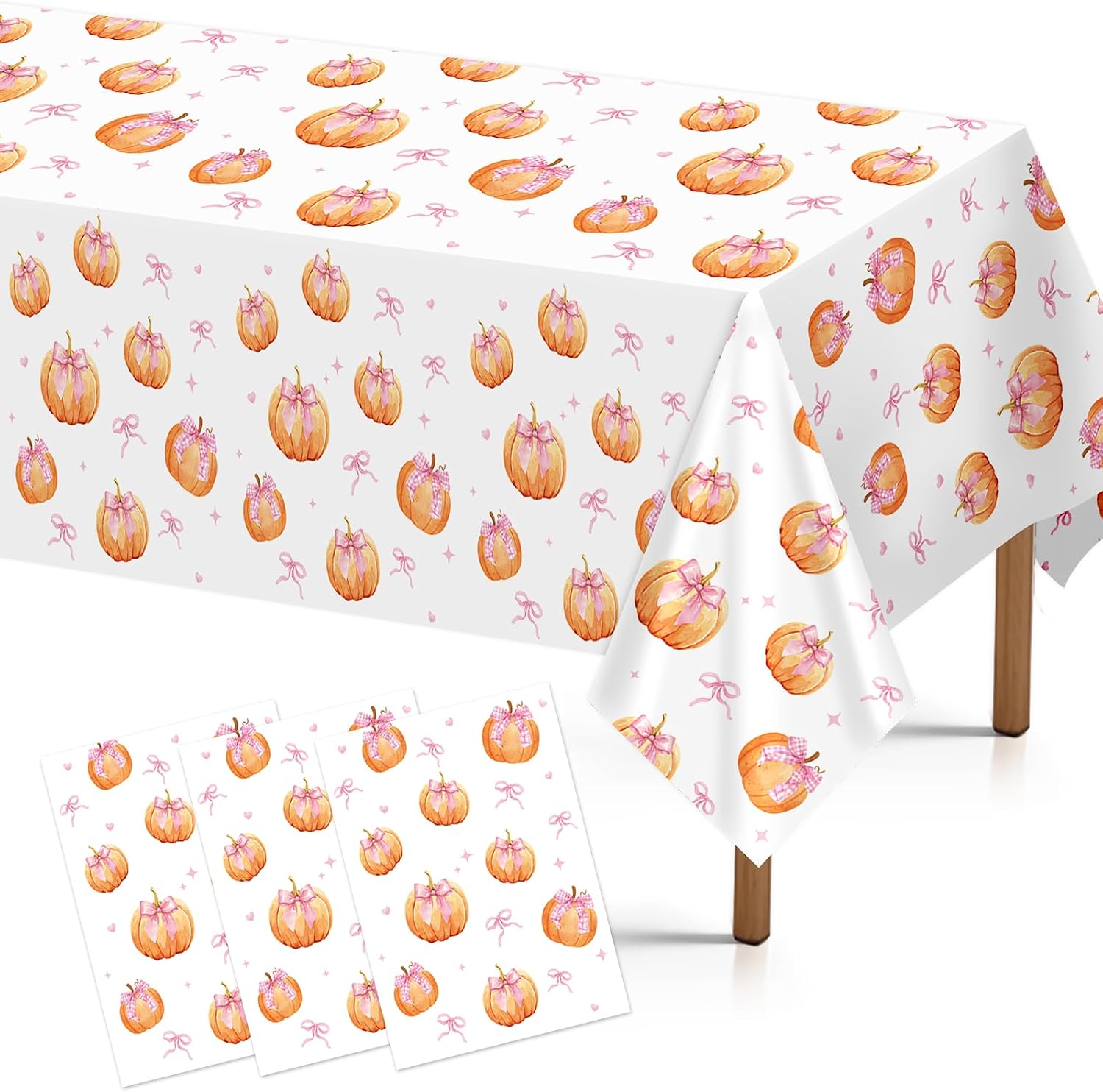 Grencian 3-piece fall pumpkin tablecloth set with pink bow pumpkin design
