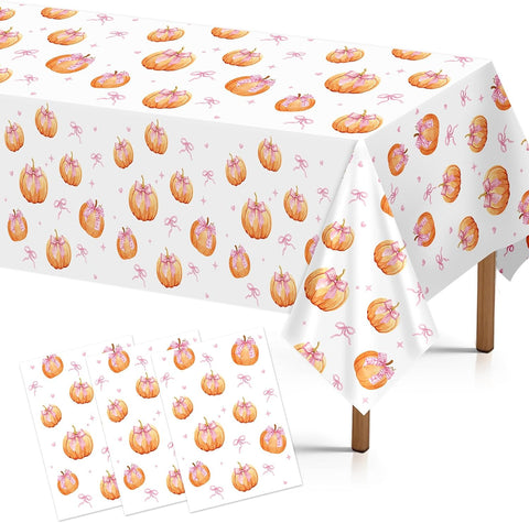 Grencian 3-piece fall pumpkin tablecloth set with pink bow pumpkin design