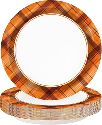 Grencian 50Pcs fall orange gingham paper plates 10 inch