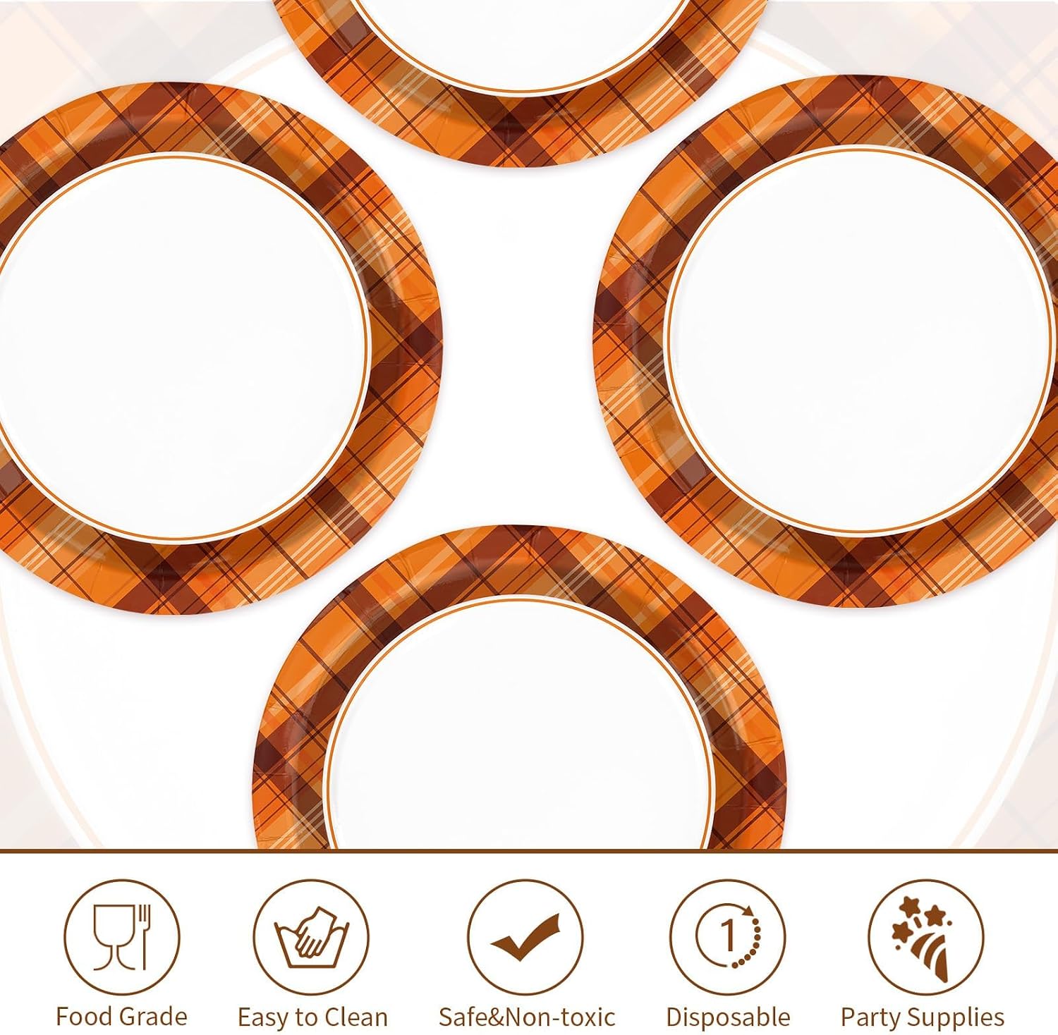 Four orange gingham plates showing the heavyweight paper quality