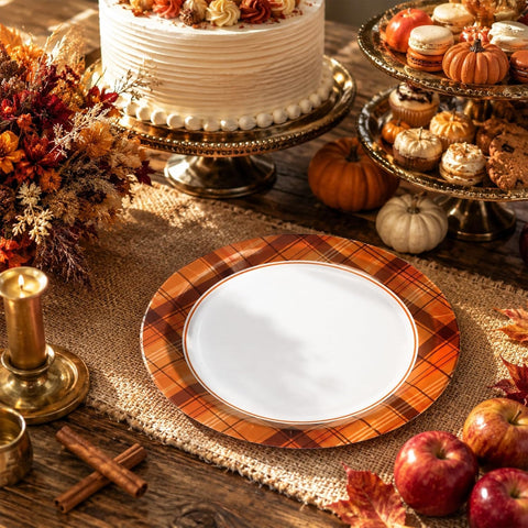 Autumn table styled with the orange gingham paper plates