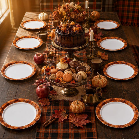 Thanksgiving table set with the fall plaid plates and pumpkins