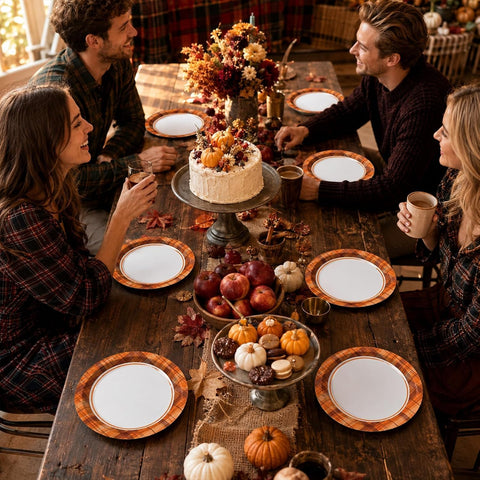 Family dinner table with the orange gingham fall plates