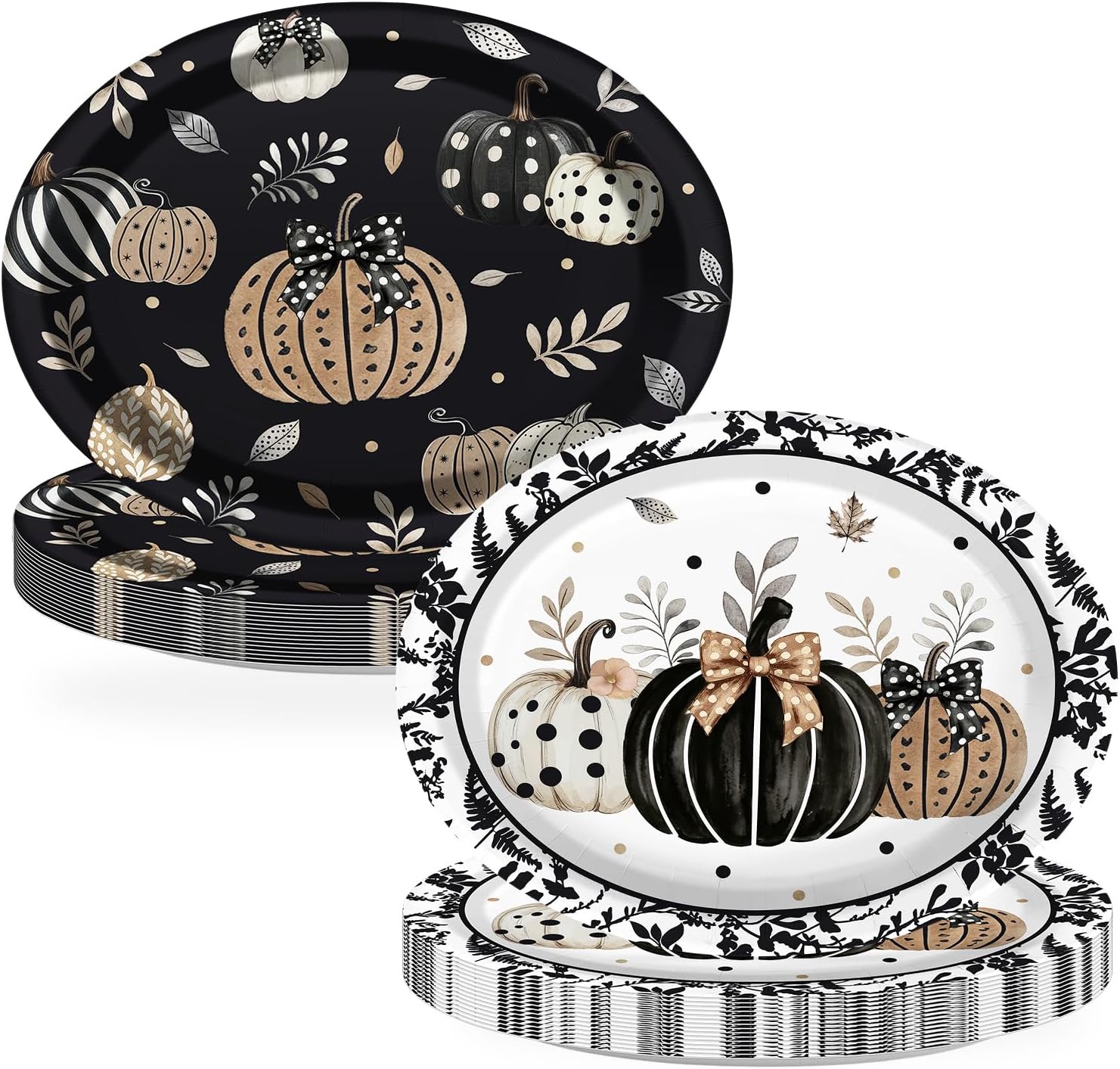 Grencian 50Pcs Fall Black Pumpkin Oval Paper Plates 12x10 - Grencian
