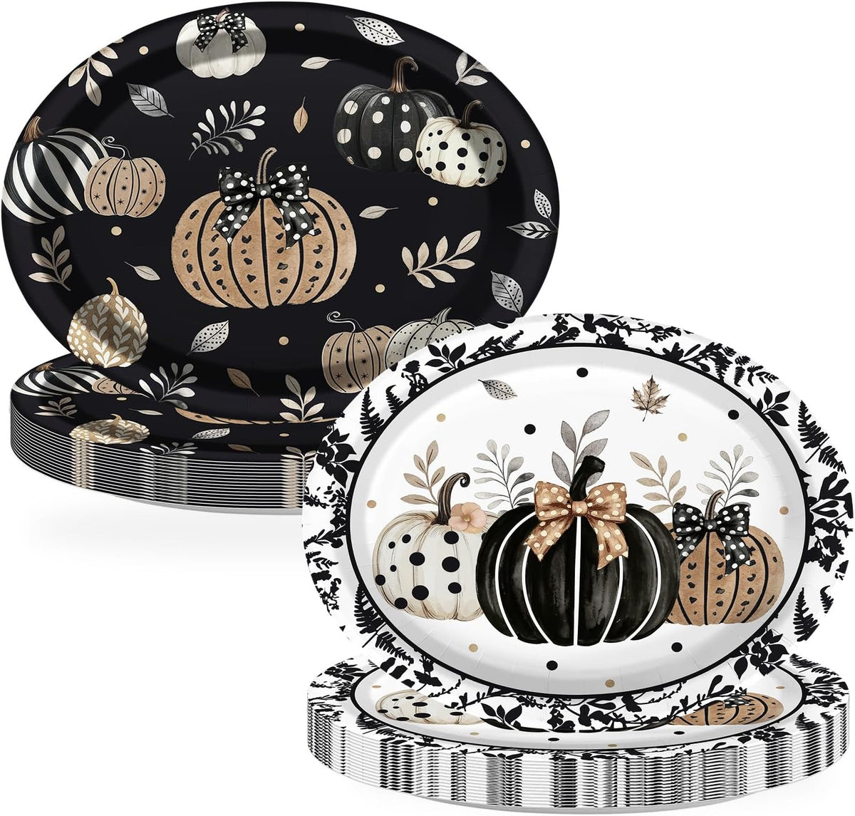 Grencian 50Pcs Fall Black Pumpkin Oval Paper Plates 12x10 - Grencian