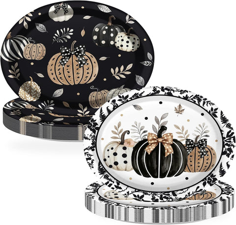 Grencian 50Pcs Fall Black Pumpkin Oval Paper Plates 12x10 - Grencian