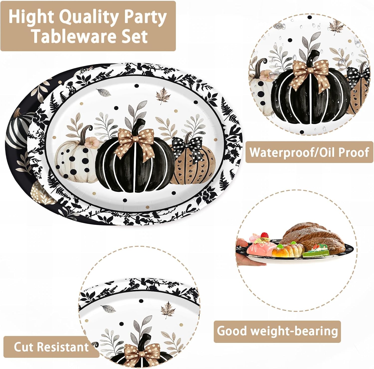 Grencian 50Pcs Fall Black Pumpkin Oval Paper Plates 12x10 - Grencian