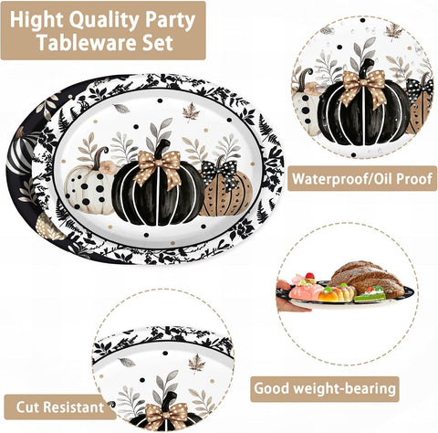 Grencian 50Pcs Fall Black Pumpkin Oval Paper Plates 12x10 - Grencian