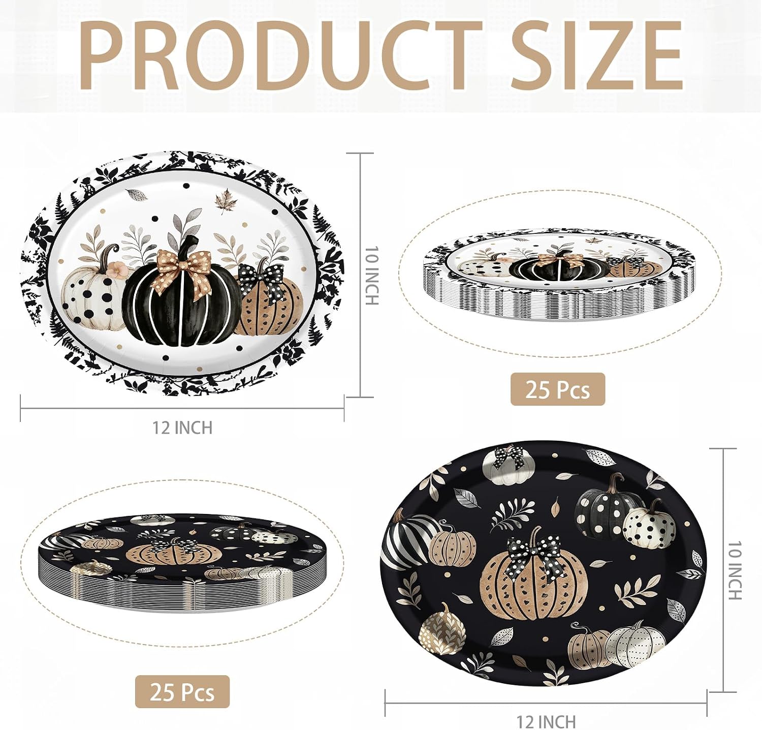 Grencian 50Pcs Fall Black Pumpkin Oval Paper Plates 12x10 - Grencian