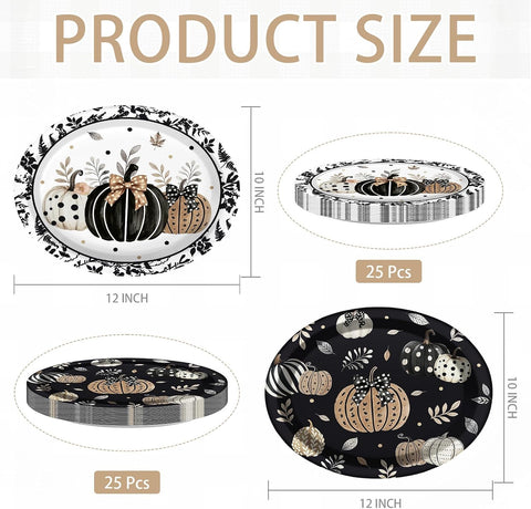 Grencian 50Pcs Fall Black Pumpkin Oval Paper Plates 12x10 - Grencian
