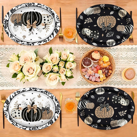 Grencian 50Pcs Fall Black Pumpkin Oval Paper Plates 12x10 - Grencian