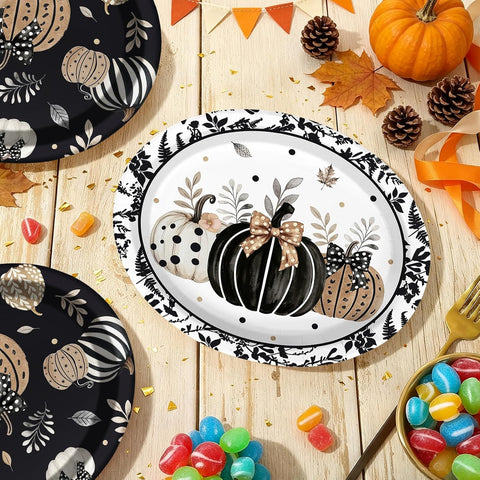 Grencian 50Pcs Fall Black Pumpkin Oval Paper Plates 12x10 - Grencian