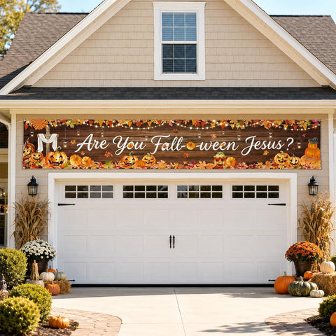 Outdoor fall display using the Fall-o-ween banner