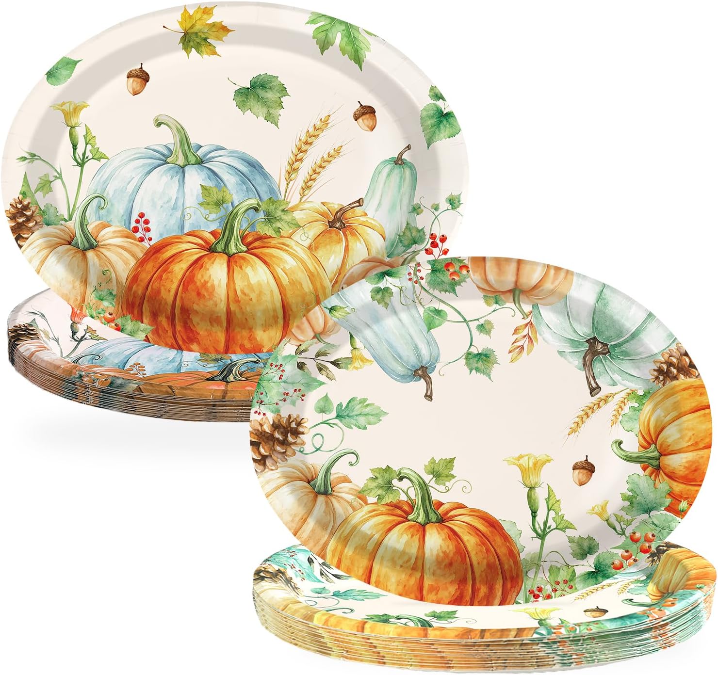 Grencian 50Pcs Fall Pumpkin Oval Paper Plates 12 x 10 Inch - Grencian