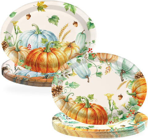 Grencian 50Pcs Fall Pumpkin Oval Paper Plates 12 x 10 Inch - Grencian