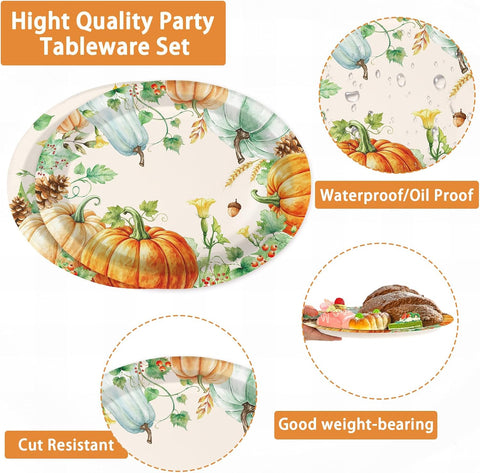 Grencian 50Pcs Fall Pumpkin Oval Paper Plates 12 x 10 Inch - Grencian