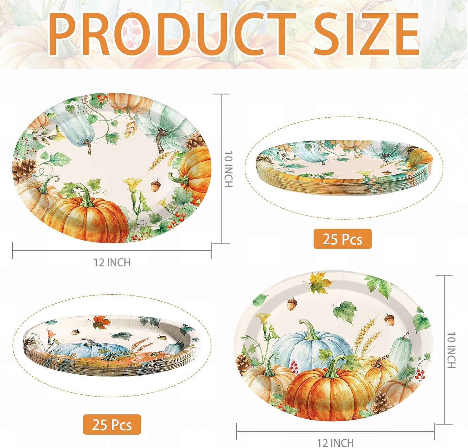 Grencian 50Pcs Fall Pumpkin Oval Paper Plates 12 x 10 Inch - Grencian