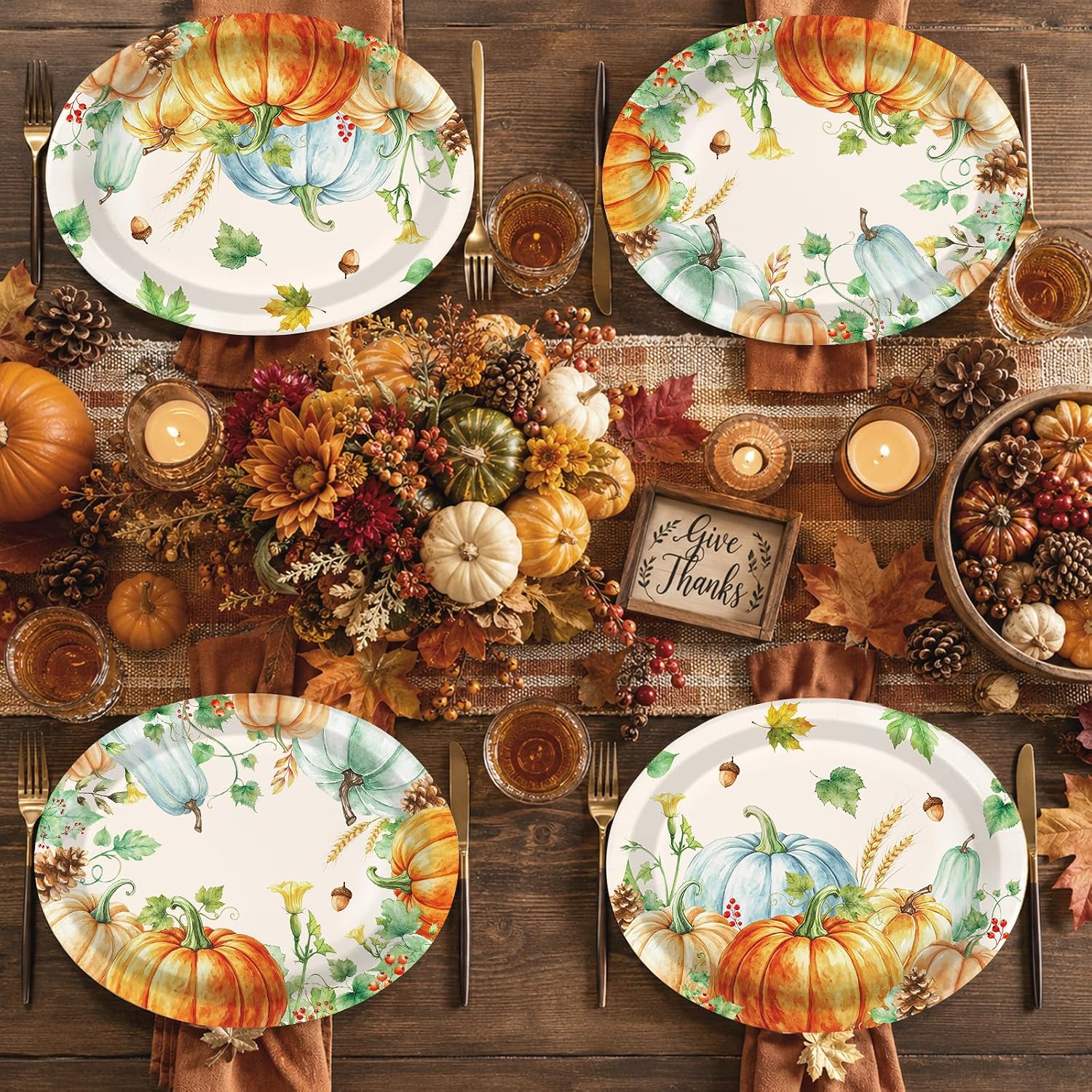 Grencian 50Pcs Fall Pumpkin Oval Paper Plates 12 x 10 Inch - Grencian