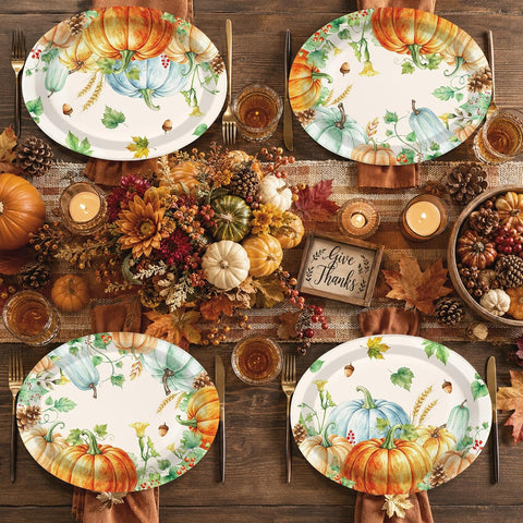 Grencian 50Pcs Fall Pumpkin Oval Paper Plates 12 x 10 Inch - Grencian