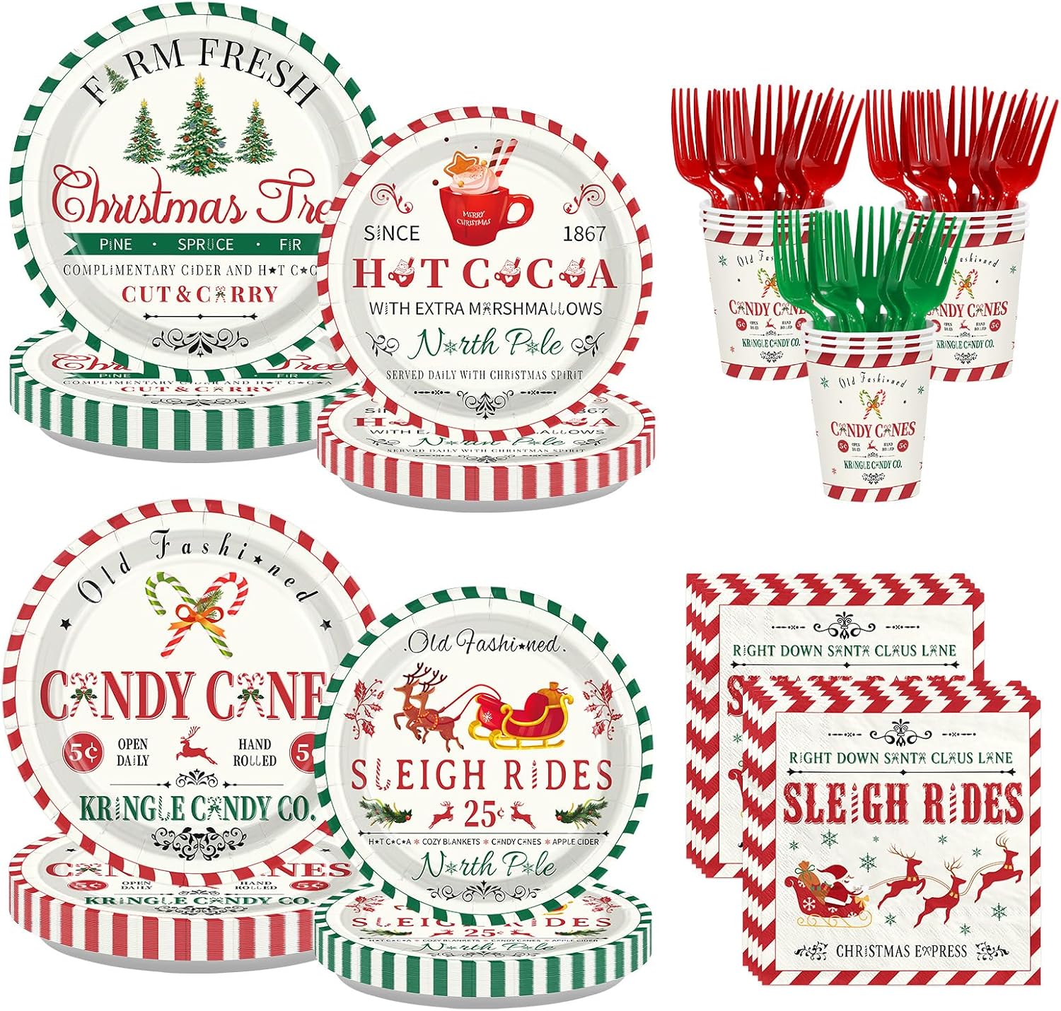 250Pcs Farmhouse Christmas Plates Cups Forks Set - Grencian