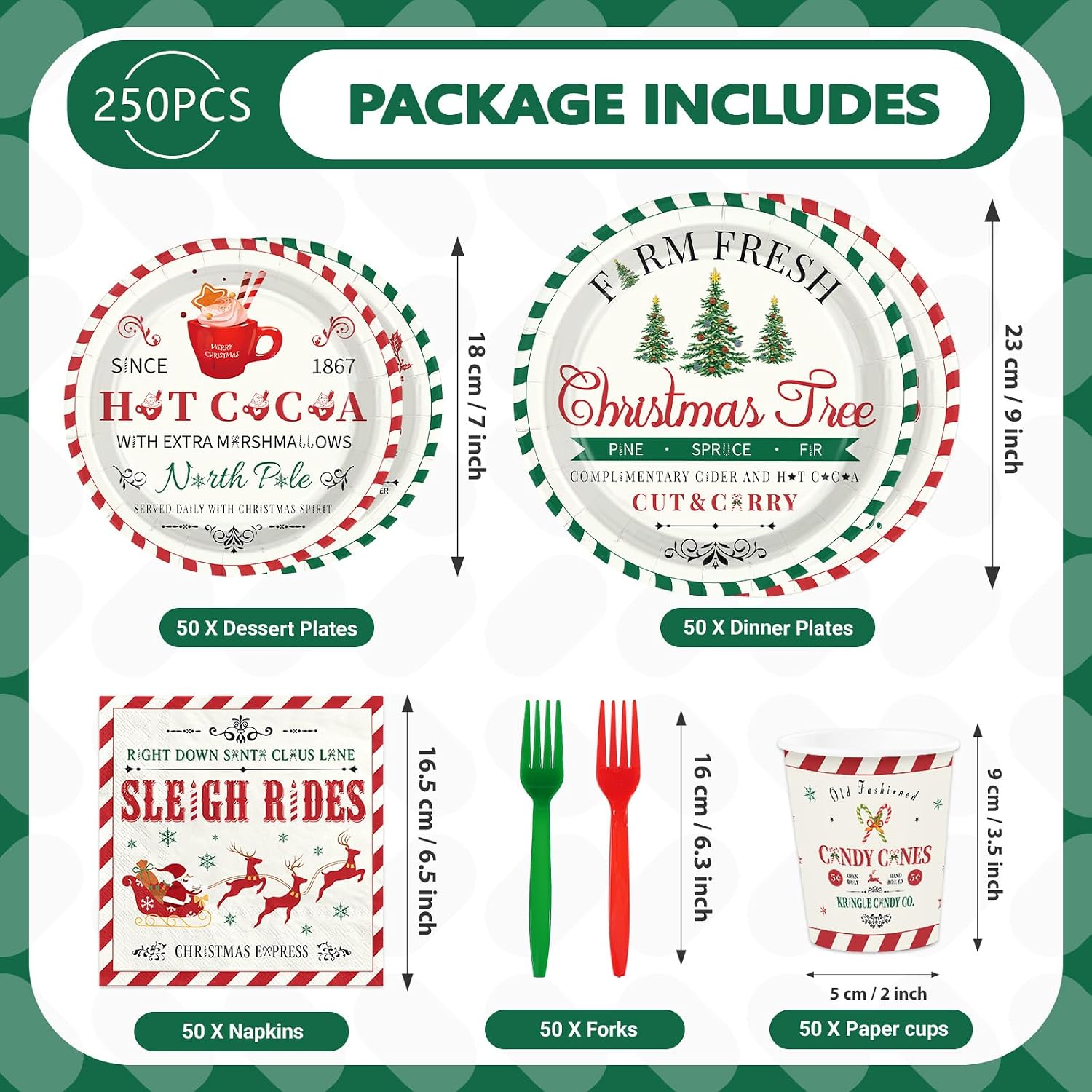 250Pcs Farmhouse Christmas Plates Cups Forks Set - Grencian