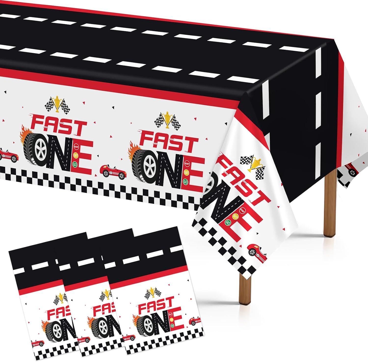 Grencian 3-piece Fast One race car 1st birthday tablecloth set with red racing car design