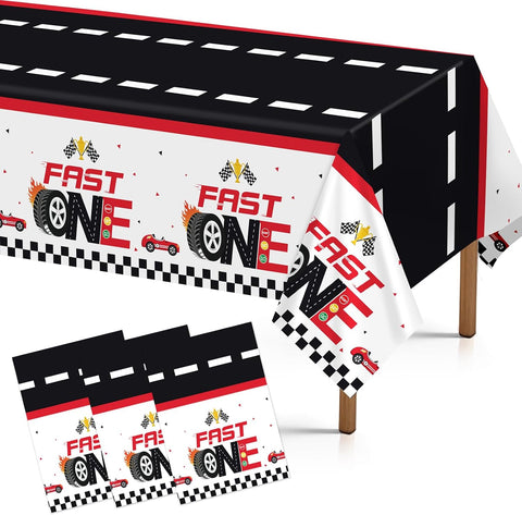 Grencian 3-piece Fast One race car 1st birthday tablecloth set with red racing car design