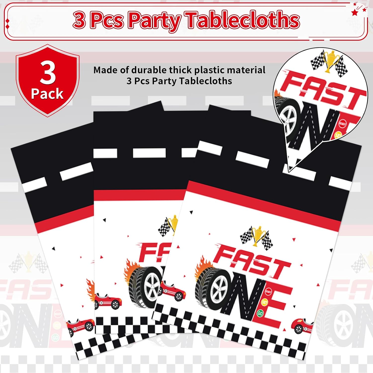 Close-up of race car 1st birthday plastic tablecloth with Fast One lettering