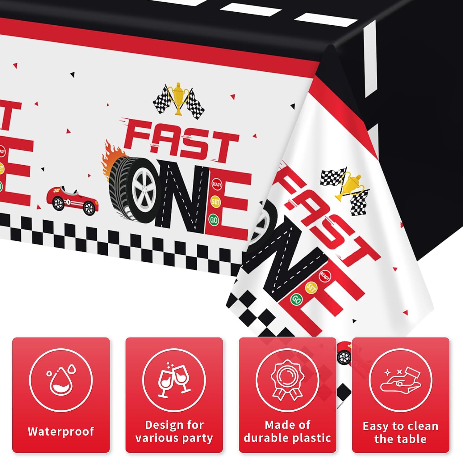Flat lay of three red race car birthday tablecloths with checkered racing pattern