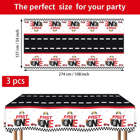Package contents infographic showing 3 Grencian Fast One race car tablecloths